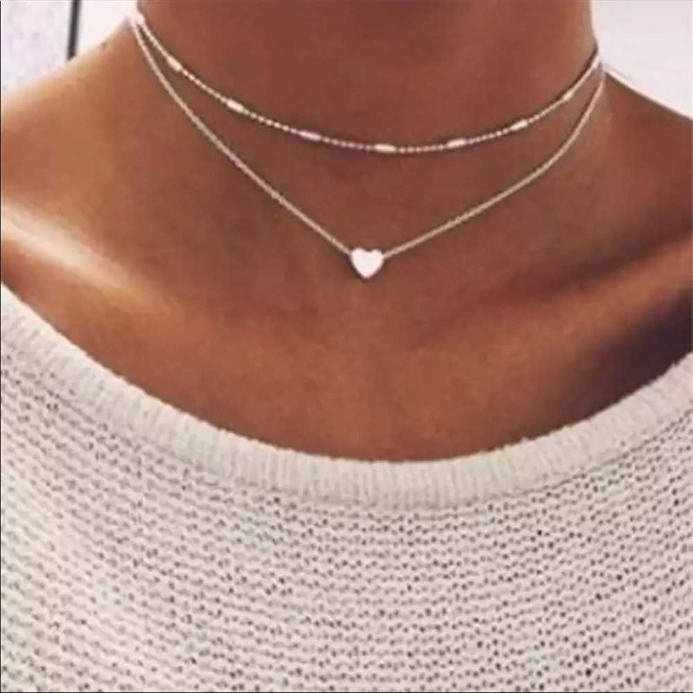 New Simple Style Double Layer Silver Gold Color Beads Love Heart Necklaces - Picture 9 of 10